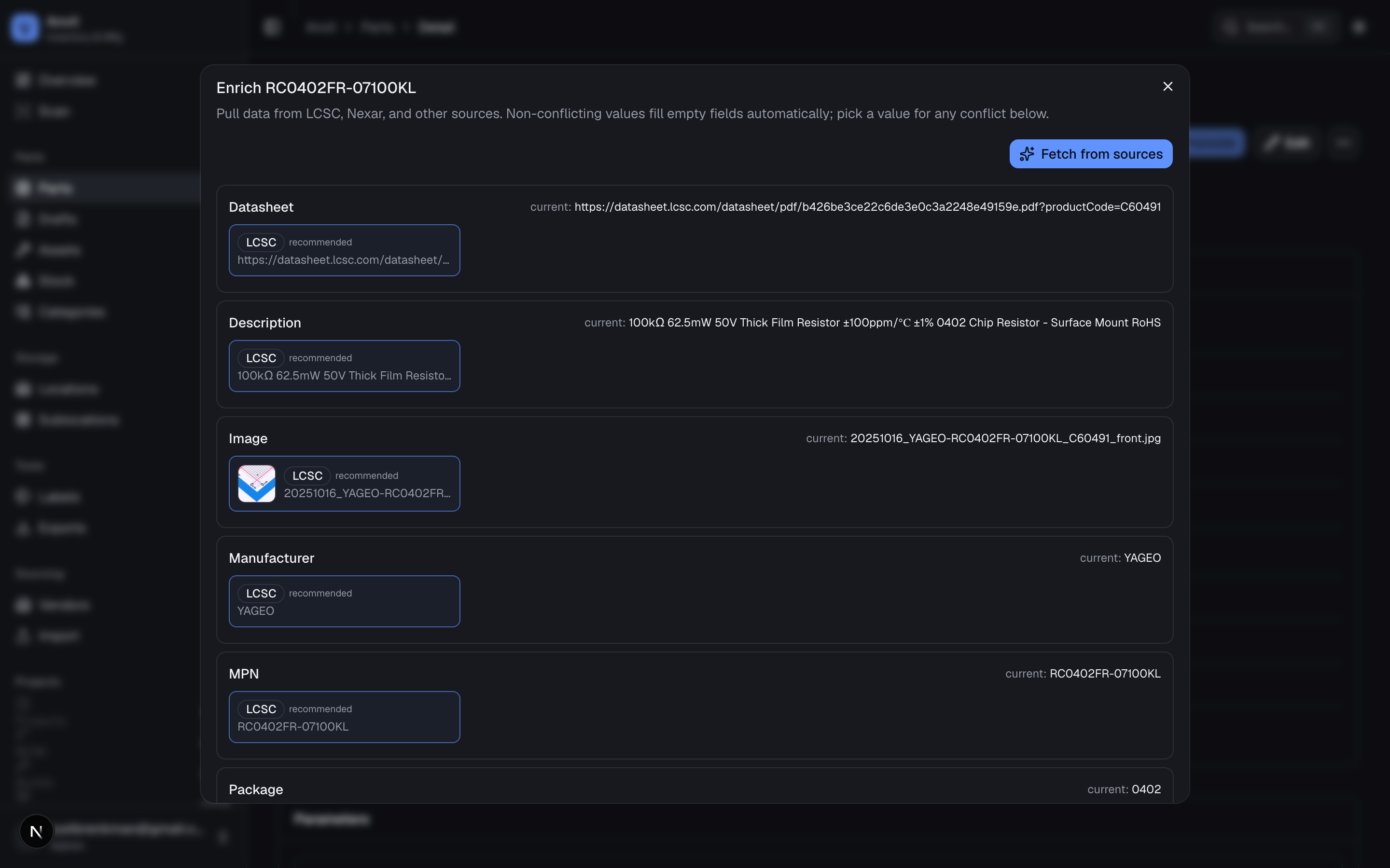 The enrich dialog — every source's value per field, each recommendation one click from being applied.