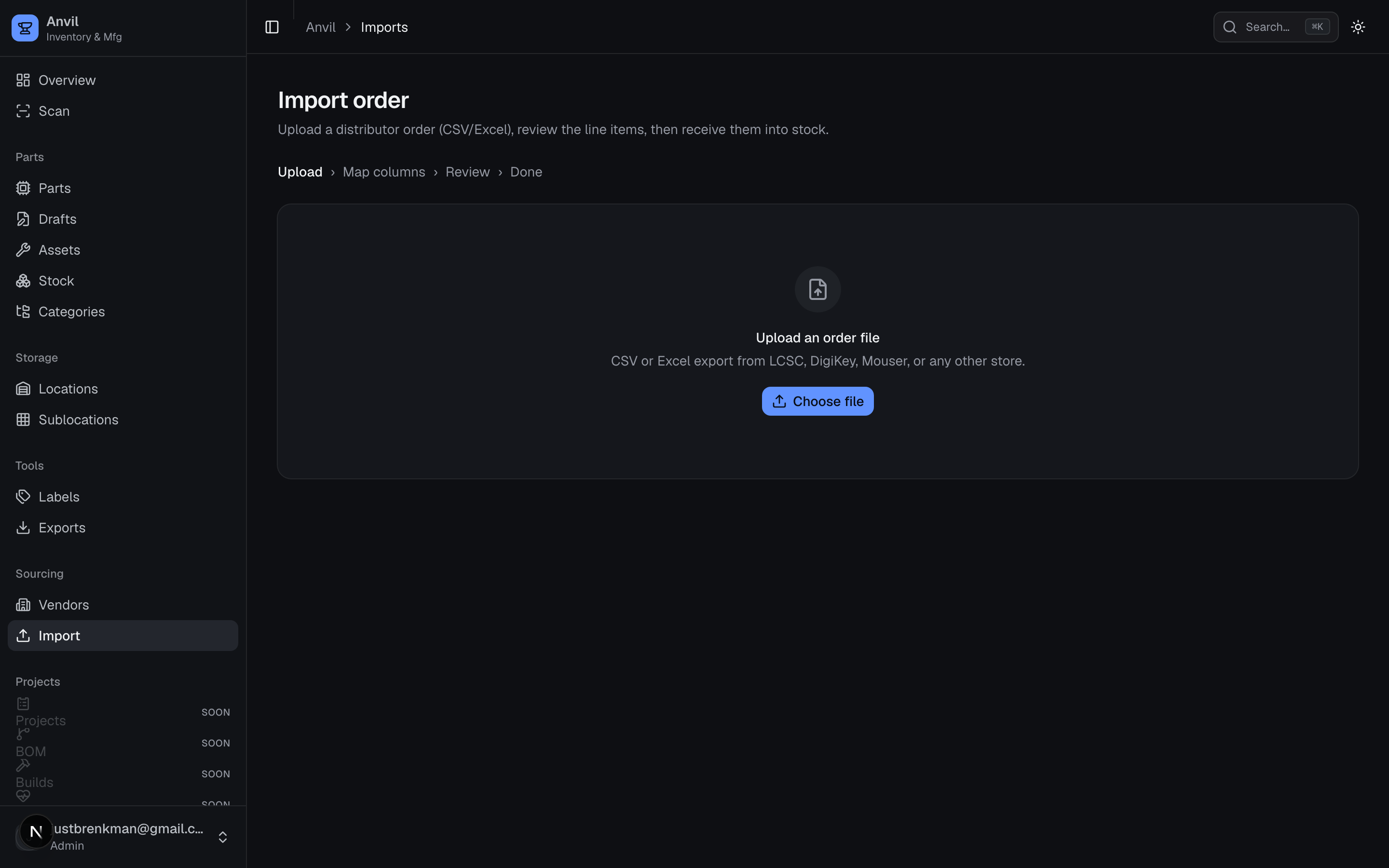 The import wizard — a four-phase upload → map columns → review → receive pipeline.