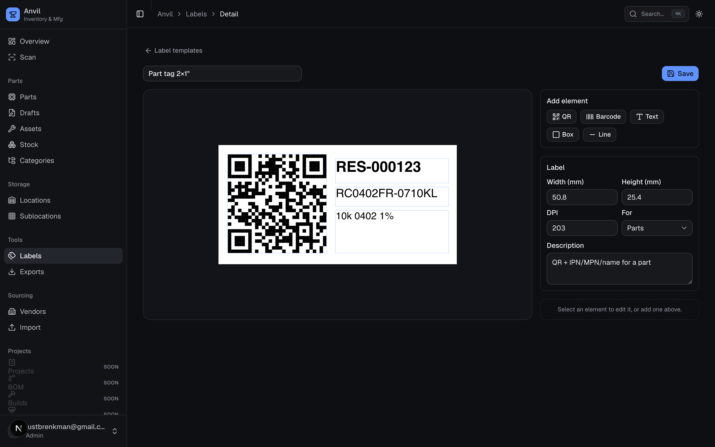 Label designer — a visual editor for multi-element part and location labels.