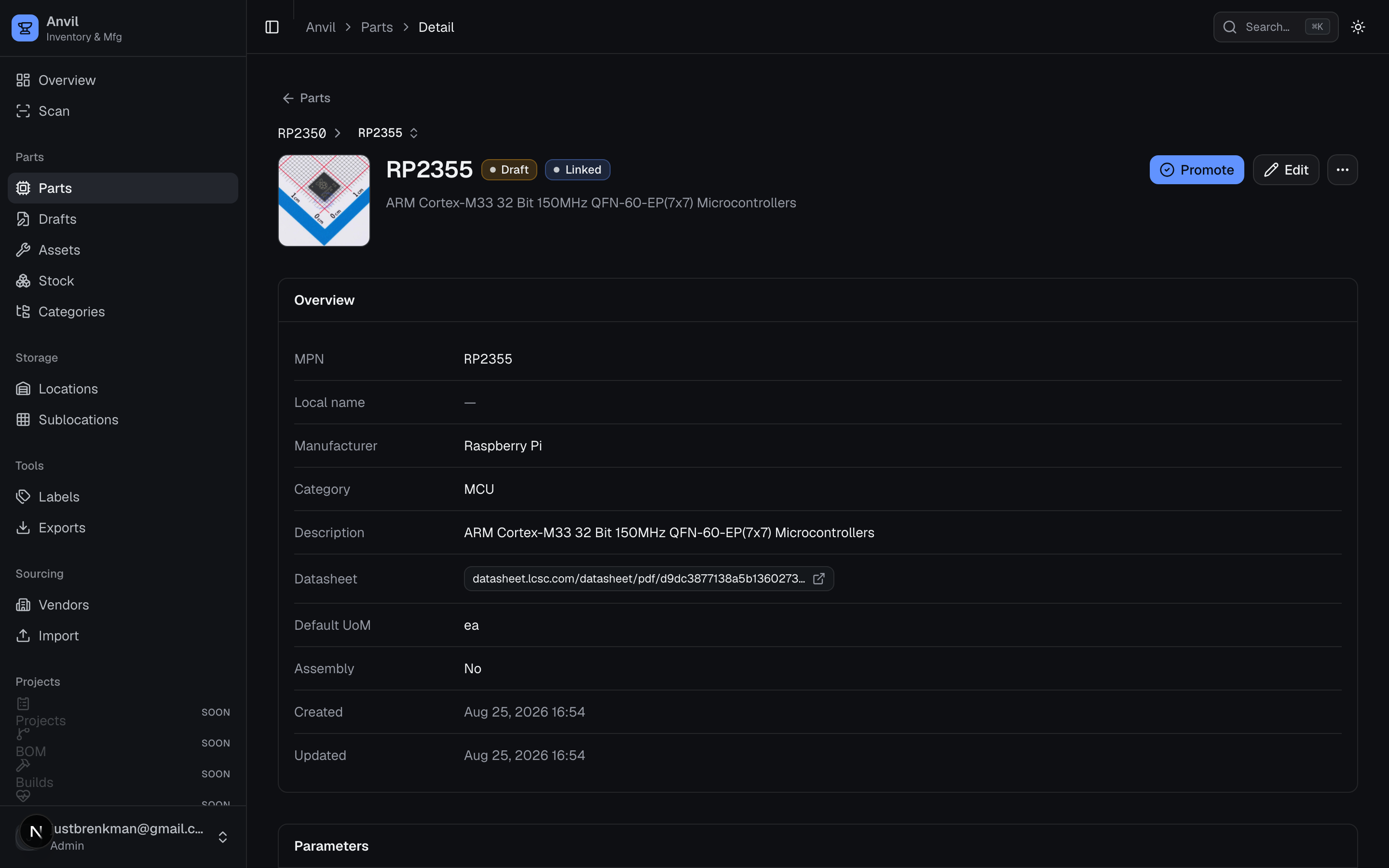Part detail — family breadcrumb, inherited parameters, sourcing, and stock in one view.