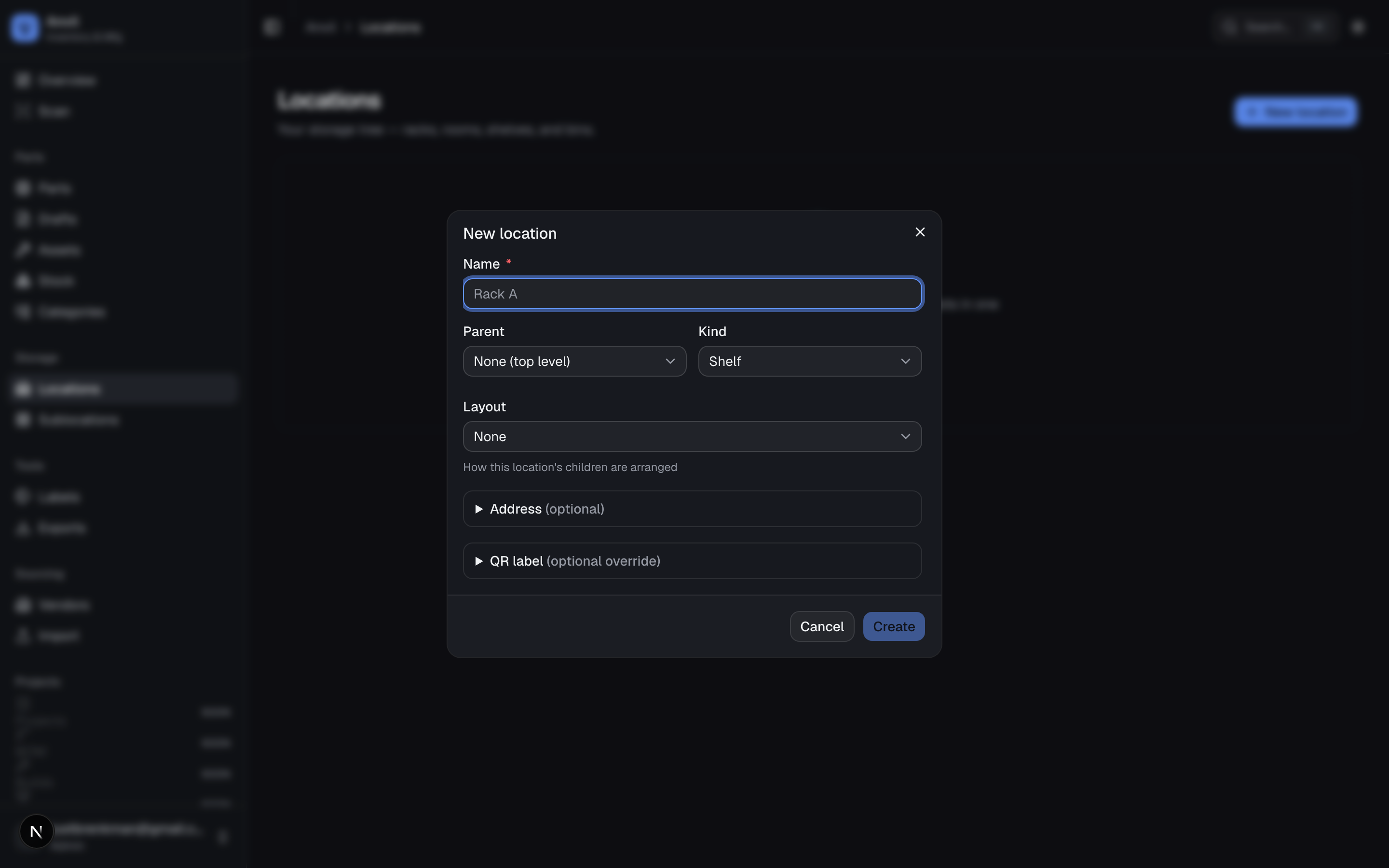 Creating a storage location — the layout type (row / 2-D / 3-D grid) drives how its child slots are provisioned and displayed.