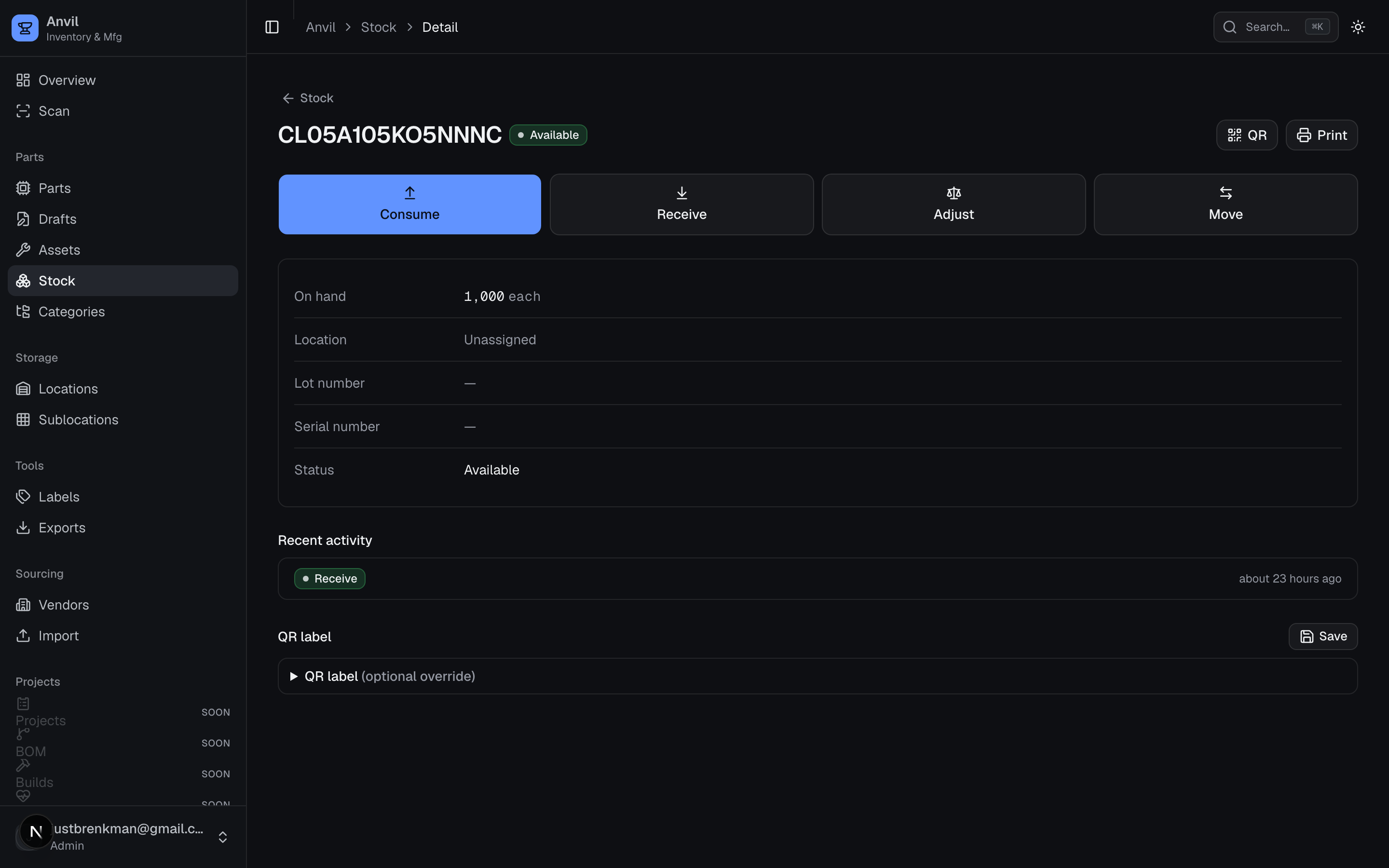 Stock item detail — receive / consume / adjust / move actions over an event history.