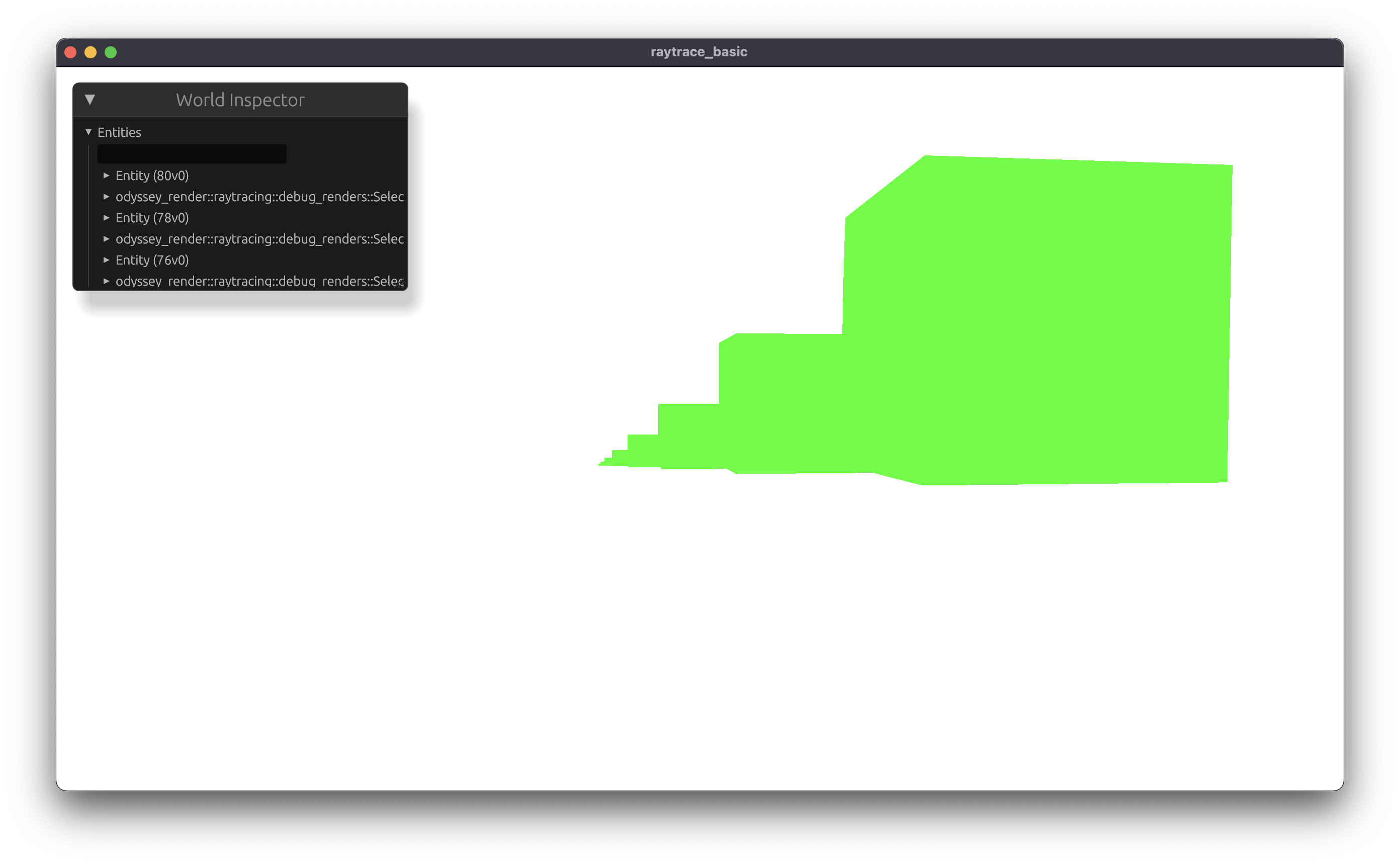 Everything collapsed into one enormous stair-stepped slab. The silhouette has the right character — those are real octree steps at real power-of-two boundaries — but the descent is terminating far too early, so most of the tree is being reported as one giant occupied leaf.