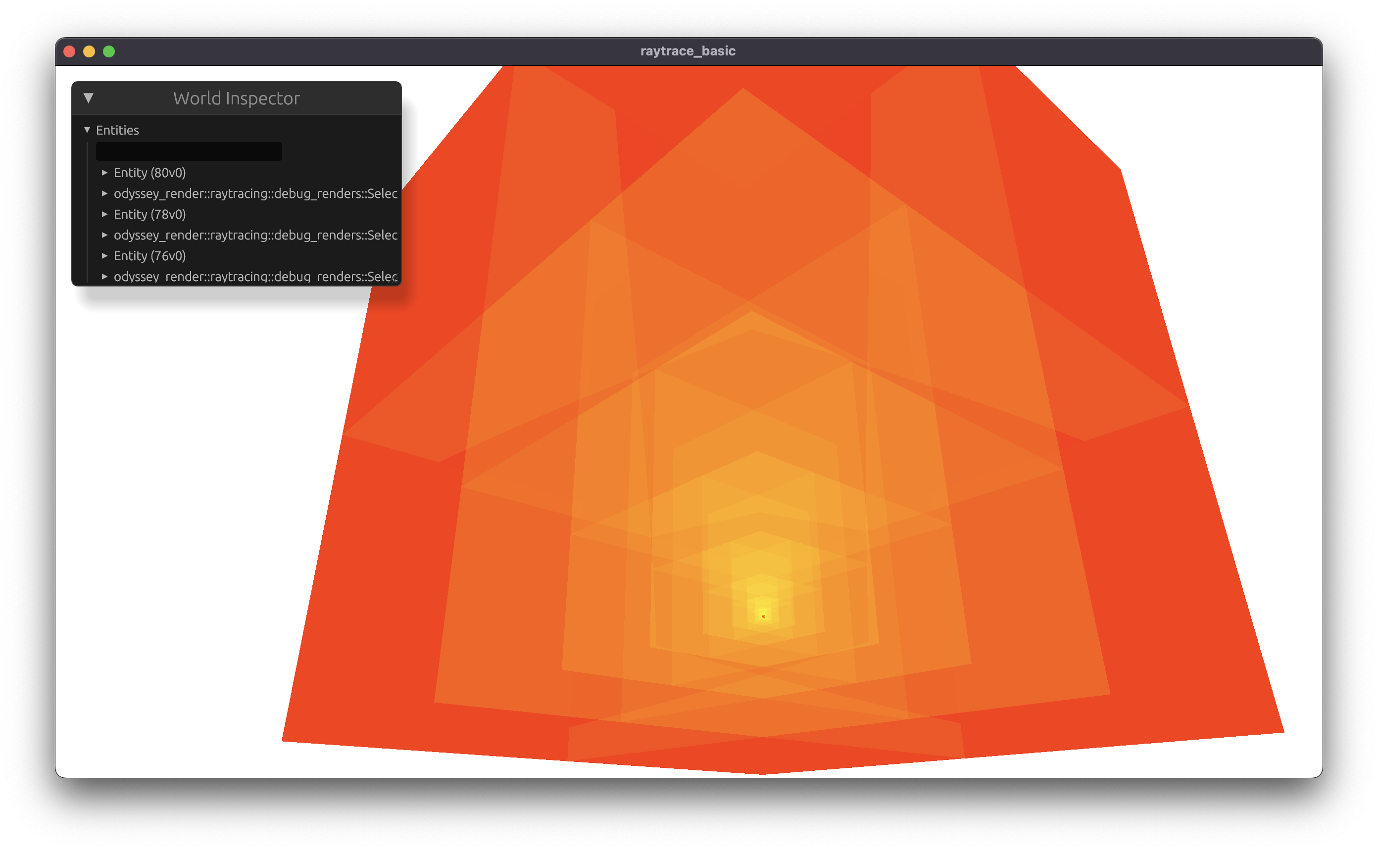 Concentric shells receding to a bright point. This is what it looks like when the ray never properly exits a node: each iteration lands one level deeper in the same cube, so the traversal draws its own recursion instead of the geometry.
