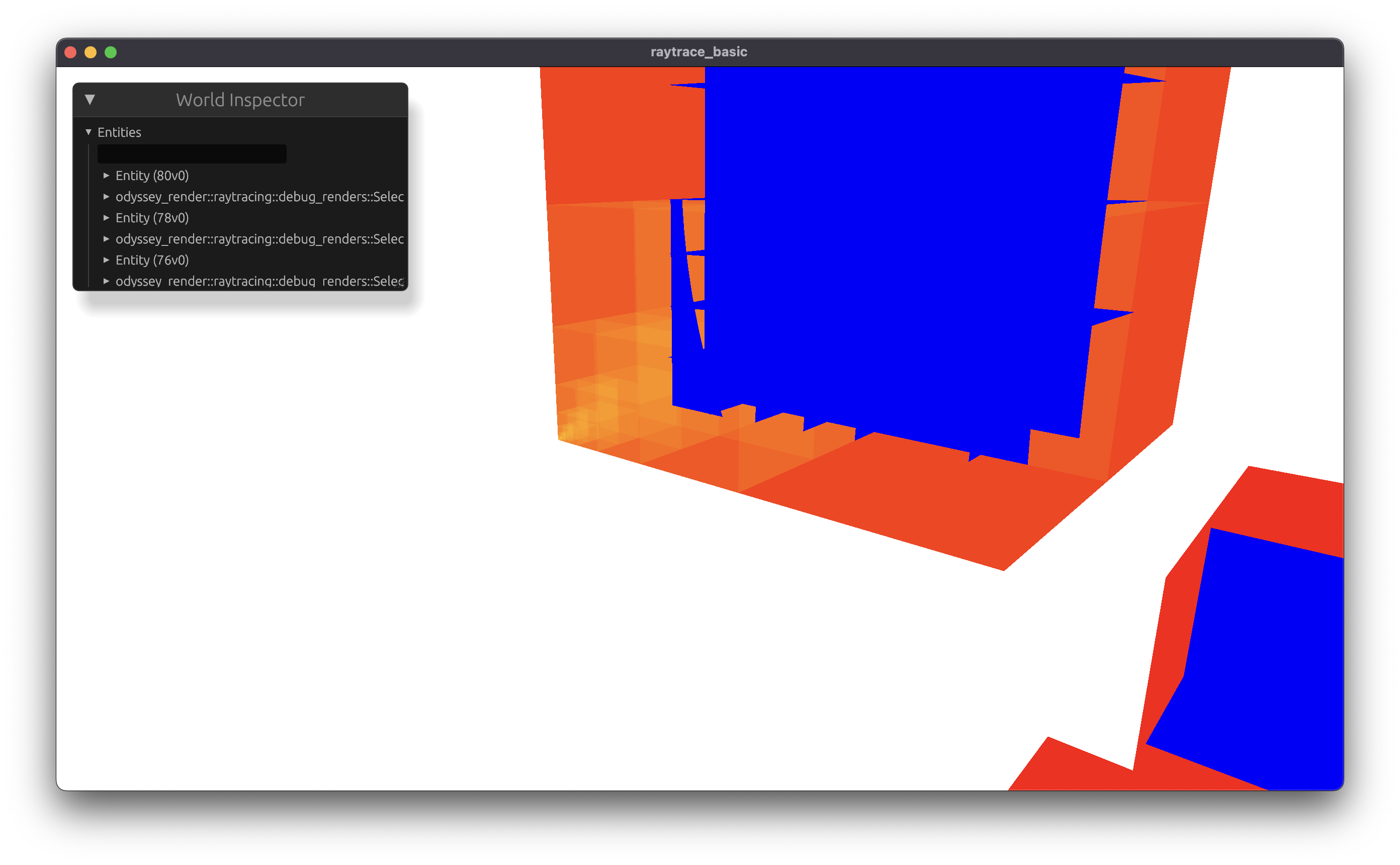 Faces disagreeing with each other. Adjacent voxels resolving to different faces of the same box — the kind of result you get when the octant mask and the child index have drifted out of sync, so a ray is tested against one child and shaded as another.