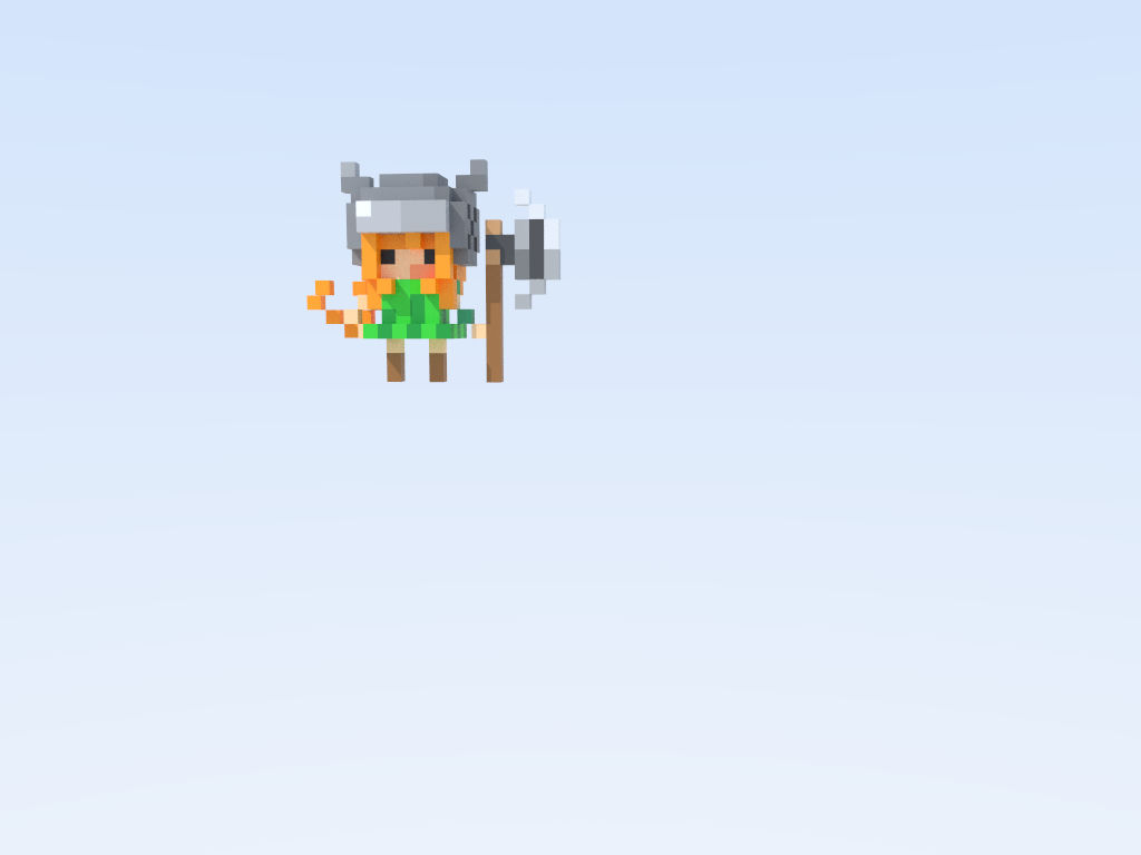 A voxel character model rendered by the engine. Models author in MagicaVoxel and load as .vox assets, which cap at 256³ — comfortably inside the traversal's depth budget.