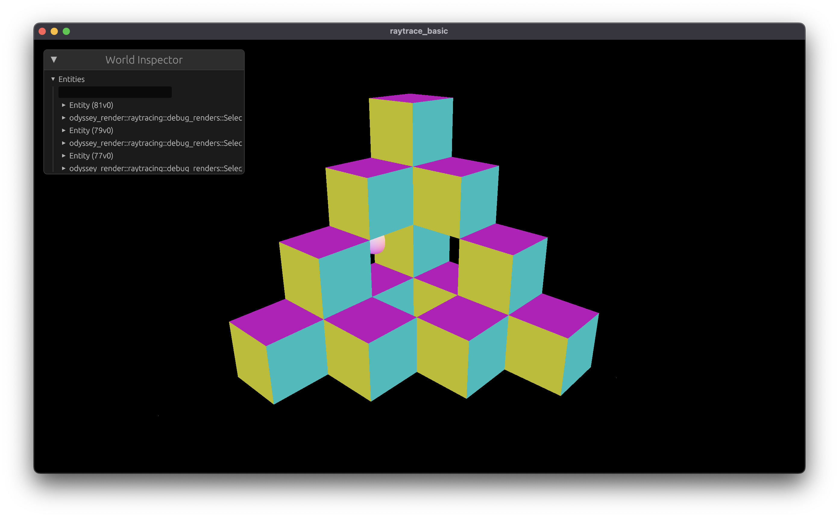 A stack of voxel cubes with per-face material colors — a deliberately simple scene for checking that face normals, lighting, and the octree's child ordering all agree.
