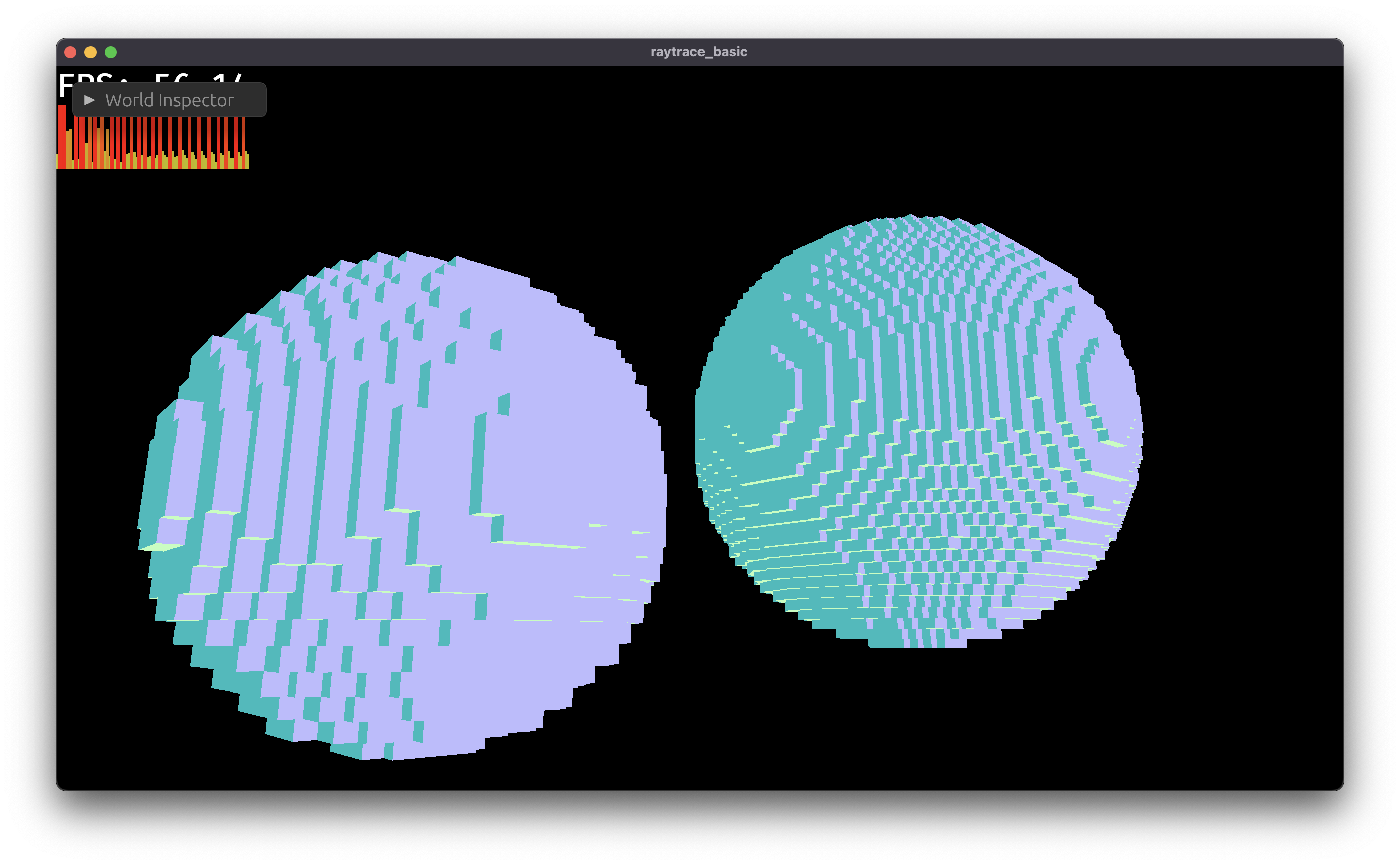 Two voxelized spheres traced in real time. The FPS overlay and frame-time graph are Bevy's dev tools; the stair-stepping on the silhouettes is the octree's leaf resolution.